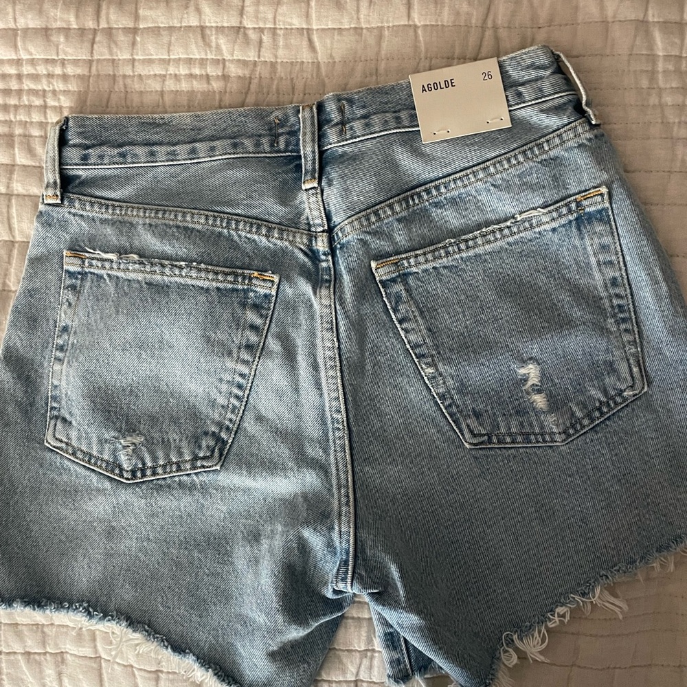 Agolde Blue Jean Shorts High-Waisted Frayed Hem - Picture 3 of 6